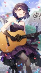 Rule 34 | 1girl, :d, acoustic guitar, bare shoulders, black choker, black dress, black gloves, black pantyhose, blue hair, blue sky, blush, bob cut, breasts, butterfly hair ornament, butterfly ornament, choker, cleavage, cloud, collarbone, dress, eighth note, european architecture, falling petals, feet out of frame, fountain, girl cafe gun, gloves, gradient dress, guitar, hair ornament, half note, highres, holding, holding instrument, instrument, lamppost, layered dress, looking at viewer, medium breasts, music, musical note, official art, open mouth, orange eyes, pantyhose, petals, playing instrument, purple dress, quarter note, shi wuyou, short dress, short hair, singing, sitting, sixteenth note, sky, smile, solo, sparkle, staff (music), statue, strapless, strapless dress, teeth, treble clef, tree, upper teeth only