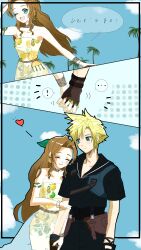 ! ... absurdres aerith_gainsborough aerith_gainsborough_(citric_dress) aqua_eyes armlet armor black_sailor_collar black_shirt black_shorts black_wristband blonde_hair blue_background blush bracelet brown_gloves brown_hair choker closed_eyes cloud_strife cloud_strife_(maritime_sailor) couple crop_top dress earrings final_fantasy final_fantasy_vii final_fantasy_vii_ever_crisis fingerless_gloves food-themed_earrings food_themed_earrings gloves green_eyes green_nails green_ribbon hair_ribbon half_updo hand_in_own_hair hetero highres holding_another&#039;s_arm holding_hands jewelry leather_armor light_smile long_dress long_hair multicolored_nails multiple_bracelets nail_polish official_alternate_costume one_eye_closed open_mouth orange-shaped_earrings orange-shaped_ornament orange_nails orange_print palm_tree parted_bangs print_dress ribbon sailor_collar see-through_clothes see-through_skirt shirt short_hair short_sleeves shorts sidelocks skirt smile song30133 spiked_hair spoken_ellipsis spoken_exclamation_mark strapless strapless_dress tree upper_body wavy_hair