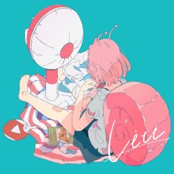 Rule 34 | 1girl, album cover, album name, antennae, cover, cursive, daisukerichard, eating, electric fan, food, food wrapper, french text, hand fan, original, pink hair, popsicle, seed, shirt, shirt tug, shorts, sitting, snail girl, snail shell, snailchan, solo, summer, sunflower seed, t-shirt