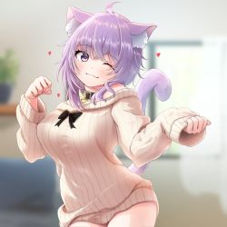 Rule 34 | 1girl, :3, ;3, ahoge, animal collar, animal ear fluff, animal ears, beige sweater, black collar, breasts, cat ears, cat girl, cat tail, closed mouth, collar, eyelashes, hair between eyes, heart, highres, hololive, large breasts, light blush, looking at viewer, nekomata okayu, no pants, off-shoulder sweater, off shoulder, one eye closed, paw pose, purple eyes, purple hair, raised eyebrows, ribbed sweater, short hair, sleeves past wrists, smile, solo, sweater, tail, uetaku, virtual youtuber