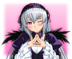Rule 34 | 00s, 1girl, frilled sleeves, frills, head tilt, ichikawa masahiro, long hair, one eye closed, pink eyes, rozen maiden, silver hair, smile, solo, steepled fingers, suigintou, upper body, wings, wink