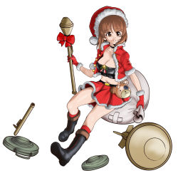 Rule 34 | 1girl, absurdres, alternate costume, belt, black belt, black choker, black footwear, boko (girls und panzer), bomb, boots, bow, brown eyes, brown hair, choker, christmas, combat boots, crop top, cross-laced footwear, explosive, floating, foreshortening, fur-trimmed jacket, fur trim, girls und panzer, gloves, grey socks, hat, high-explosive anti-tank (warhead), highres, holding, holding sack, holding weapon, jacket, lace-up boots, man-portable anti-tank systems, medium hair, midriff, mine (weapon), miniskirt, navel, nishizumi miho, open mouth, panzerfaust, pink bow, pleated skirt, recoilless gun, red gloves, red hat, red jacket, red shirt, red skirt, red socks, revision, sack, santa costume, santa gloves, santa hat, shirt, short hair, short sleeves, simple background, skirt, smile, socks, solo, star ornament, sweatdrop, tellermine 43, weapon, white background, yoyokkun