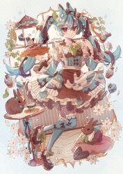 Rule 34 | 1girl, :&lt;, ahoge, animal ears, apron, basketweave, blue bow, blue dress, blue hair, blue socks, border, bow, brown bow, brown dress, brown eyes, brown footwear, brown hair, cafe, cake, candy, chocolate, chocolate heart, commentary, crossed bangs, cup, cupcake, cushion, dress, dress bow, falling petals, fishnet pantyhose, fishnets, flower, food, food-themed clothes, frilled dress, frilled sleeves, frilled socks, frills, full body, green neckerchief, hair between eyes, hair bow, hair flower, hair ornament, hands up, hanging light, heart, heart-shaped food, heart print, high heels, highres, holding, holding tray, indoors, juliet sleeves, leaf hair ornament, long hair, long sleeves, macaron, maid apron, maid headdress, medium dress, mint, mint chocolate, multicolored clothes, multicolored dress, multicolored hair, neckerchief, original, outside border, over-kneehighs, pantyhose, petals, plant, plate, pleated dress, puffy sleeves, pumps, rabbit ears, rabbit girl, saucer, socks, standing, standing on one leg, streaked hair, striped clothes, striped dress, symbol-only commentary, table, tea, teacup, thighhighs, tray, tsukumi bis, twintails, two-tone hair, vines, whipped cream, white border, white bow, white flower, white socks, window
