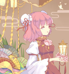 Rule 34 | 1girl, brown background, bug, bun cover, butterfly, double bun, flower, folding fan, grass, hair bun, hand fan, high collar, ibaraki kasen, impossible clothes, insect, juliet sleeves, lantern, long sleeves, looking at viewer, parted lips, pink eyes, pink flower, pink hair, pink rose, puffy sleeves, reeh (yukuri130), rose, sarashi, short hair, sideways glance, solo, streamers, tabard, touhou