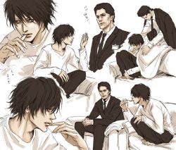 Rule 34 | 00s, 2boys, biting, biting own thumb, death note, jpeg artifacts, l (death note), lily (artist), multiple boys, shueisha, translation request
