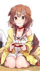 Rule 34 | 1girl, :3, animal collar, animal ears, blouse, bone hair ornament, bracelet, braid, breasts, brown eyes, brown hair, cleavage, collar, collarbone, commentary request, controller, dog ears, dog girl, dog tail, hair ornament, hairclip, highres, holding, holding controller, hololive, inugami korone, inugami korone (1st costume), jewelry, long sleeves, medium breasts, red collar, shirt, side braids, sitting, solo, tail, virtual youtuber, wariza, white shirt, wooden floor, yellow shirt, yuyaiyaui