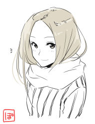 Rule 34 | 1girl, artist name, blush, brown hair, light smile, long hair, looking at viewer, monochrome, original, poaro, scarf, simple background, sketch, solo, spot color, sweater, upper body, white background