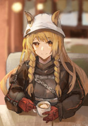 Rule 34 | 1girl, absurdres, animal ears, arknights, artist name, belt, blonde hair, blurry, blurry background, braid, ceobe (arknights), ceobe (unfettered) (arknights), chain, closed mouth, collared jacket, commentary request, cup, dog ears, dog girl, ears through headwear, gloves, highres, holding, holding cup, indoors, jacket, long hair, looking at viewer, milbi, official alternate costume, orange eyes, oversized clothes, pov across table, red gloves, sitting, smile, solo, sweater, table, twin braids, white headwear