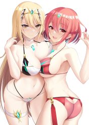Rule 34 | 2girls, alternate costume, bikini, blonde hair, breasts, chest jewel, daive, duplicate, highres, large breasts, long hair, multiple girls, mythra (xenoblade), pyra (xenoblade), red eyes, red hair, short hair, simple background, swept bangs, swimsuit, very long hair, white background, xenoblade chronicles (series), xenoblade chronicles 2, yellow eyes