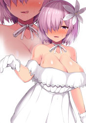 Rule 34 | 1girl, akaneman, alternate costume, bare shoulders, breasts, cleavage, collarbone, commentary request, dress, fate/grand order, fate (series), flower, gloves, hair over one eye, huge breasts, looking at viewer, mash kyrielight, mash kyrielight (formal dress), multiple views, official alternate costume, pink flower, purple eyes, ribbon, short hair, tongue, tongue out, white background, white dress, white gloves, white ribbon