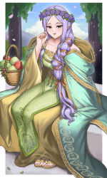 Rule 34 | 1girl, :d, apple, bare shoulders, basket, burnt green tea, cape, collarbone, commentary, dress, fire emblem, fire emblem: the binding blade, fire emblem heroes, food, fruit, green cape, green dress, green eyes, head wreath, highres, idunn (divine demon) (fire emblem), idunn (fire emblem), light persona, long hair, looking at viewer, nintendo, official alternate costume, official alternate hairstyle, open mouth, orange ribbon, pointy ears, purple hair, red eyes, ribbon, sitting, smile, solo, very long hair