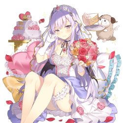 Rule 34 | 1girl, bat wings, black wings, blush, bouquet, breasts, bridal garter, cake, cleavage, dress, flower, food, gloves, hand on own cheek, hand on own face, heart, heart-shaped pillow, holding, holding bouquet, jewelry, light purple hair, long hair, looking at viewer, miss barbara, neck garter, official art, pendant, petals, pillow, pointy ears, purple eyes, rose petals, sheep, sitting, smile, solo, tears, transparent background, uchi no hime-sama ga ichiban kawaii, veil, wedding cake, white gloves, wings, wiping tears