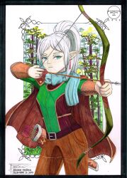 Rule 34 | 1girl, absurdres, aiming, alternate weapon, archery, arrow (projectile), artist logo, belt, blue scarf, bow (weapon), character name, commentary, dated, drop earrings, earrings, english commentary, fanaticfrancis, forest, frieren, green eyes, grey hair, high ponytail, highres, jewelry, long hair, marker (medium), nature, parted bangs, pointy ears, quiver, scarf, solo, sousou no frieren, traditional media, twintails, vambraces, weapon