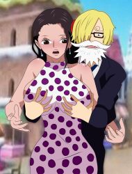 Rule 34 | 1boy, 1girl, absurdres, breasts, cleavage, dress, grabbing, grabbing another&#039;s breast, highres, large breasts, one piece, polka dot, polka dot dress, sanji (one piece), viola (one piece)