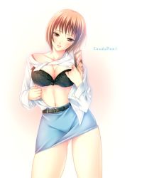 Rule 34 | 1girl, bra, breasts, brown hair, candy pool, cleavage, lingerie, momoi komomo, open clothes, open shirt, pencil skirt, shirt, short hair, skirt, solo, source request, underwear