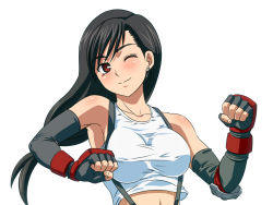 Rule 34 | 1990s (style), 1girl, black hair, blush, body blush, breasts, earrings, elbow gloves, female focus, final fantasy, final fantasy vii, fingerless gloves, gloves, huracan, jewelry, long hair, one eye closed, red eyes, retro artstyle, simple background, smile, solo, suspenders, tank top, tifa lockhart, white background, wink