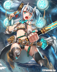 Rule 34 | 1girl, belt, blue eyes, electricity, highres, horns, mana (remana), midriff, official art, original, pointy ears, short hair, silver hair, solo, thighhighs, weapon