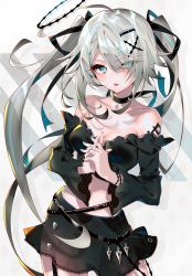 Rule 34 | 1girl, ahoge, arutera, bare shoulders, belt, black choker, black shirt, black skirt, blue eyes, breasts, choker, cleavage, collarbone, cowboy shot, crop top, eyes visible through hair, garter straps, hair ornament, hair over one eye, hair ribbon, hairclip, halo, highres, interlocked fingers, large breasts, long hair, long sleeves, looking at viewer, midriff, miniskirt, mole, mole on breast, multicolored hair, nail polish, off-shoulder shirt, off shoulder, original, own hands together, ribbon, shirt, shoulder tattoo, silver hair, skirt, solo, standing, stomach, streaked hair, tattoo, tongue, tongue out, twintails, uneven eyes, wide sleeves, x hair ornament
