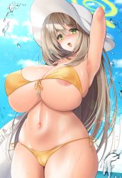 Rule 34 | 1girl, areola slip, bikini, blue archive, blush, breasts, collarbone, front-tie bikini top, front-tie top, green eyes, halo, hat, highres, huge breasts, innertube, light brown hair, long hair, looking at viewer, nanami neru, nonomi (blue archive), nonomi (swimsuit) (blue archive), nose blush, open mouth, outdoors, side-tie bikini bottom, solo, splashing, sun hat, swim ring, swimsuit, very long hair, wide hips, yellow bikini