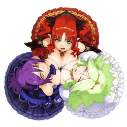 Rule 34 | 3girls, :p, benimura karu, blush, breast press, breasts, breasts squeezed together, brooch, bunny black, cleavage, closed eyes, cum, cum on body, cum on breasts, cum on upper body, detached collar, detached sleeves, dress, facial, from above, gloves, green eyes, green hair, izana (bunny black), jewelry, karukaru, large breasts, looking at viewer, looking up, multiple girls, neckerchief, open mouth, paniverna, pointy ears, purple hair, red hair, short ponytail, sidelocks, simple background, tiara, tongue, tongue out, twintails, ultinia, white background, yellow eyes