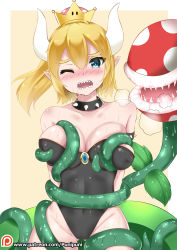 Rule 34 | 1girl, absurdres, bare shoulders, black leotard, blonde hair, blue eyes, blush, bowsette, breasts, catstudioinc (punepuni), collar, collarbone, commentary request, covered erect nipples, d;, gluteal fold, highres, horns, large breasts, leotard, long hair, mario (series), new super mario bros. u deluxe, nintendo, nose blush, one eye closed, open mouth, patreon logo, piranha plant, pointy ears, ponytail, sharp teeth, simple background, solo, spiked collar, spikes, super crown, sweat, teeth, tentacles, yellow background