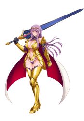 Rule 34 | 1girl, arm armor, armor, armored boots, bikini armor, black gloves, boots, breastplate, breasts, cape, center opening, circlet, claudette (queen&#039;s blade), claudette (queen&#039;s blade unlimited), cleavage cutout, clothing cutout, elbow gloves, full body, gauntlets, gloves, gold armor, greaves, groin, hair between eyes, high heel boots, high heels, highleg, highleg panties, highres, holding, holding sword, holding weapon, large breasts, leg armor, long hair, looking at viewer, navel, navel cutout, official art, open mouth, panties, purple eyes, purple hair, queen&#039;s blade, queen&#039;s blade limit break, queen&#039;s blade unlimited, shiny skin, shoulder armor, simple background, solo, straight hair, sword, thighs, transparent background, underwear, vambraces, weapon