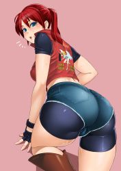 Rule 34 | 1girl, :o, artist name, ass, bike shorts, bike shorts under shorts, blue eyes, boots, claire redfield, coat, fingerless gloves, gloves, highres, huge ass, jacket, looking at viewer, looking back, parted lips, pink background, ponytail, red hair, resident evil, resident evil 2, short hair, short shorts, shorts, simple background, sleeveless, sleeveless coat, solo, spandex, sweat, thighs, zonda (solid air)