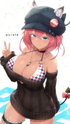 Rule 34 | 1girl, animal ears, bare shoulders, bikini, blue eyes, blush, bow, breasts, bridal garter, cleavage, collarbone, demon tail, dress, hat, highres, jewelry, large breasts, looking at viewer, mole, mole on breast, mole under eye, necklace, original, red bow, red hair, short hair, sinensian, smile, solo, sweater, sweater dress, swimsuit, tail, tan, thigh strap, thighs, v