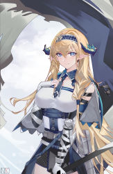 Rule 34 | 1girl, absurdres, arknights, blonde hair, blue eyes, blue hairband, blue neckwear, breasts, commentary request, cowboy shot, hair between eyes, hairband, hand on own chest, highres, horns, large breasts, long hair, looking at viewer, nayuko (wuyou nayuko), partial commentary, pointy ears, saileach (arknights), shirt, smile, solo, standing, very long hair, white shirt