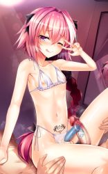 Rule 34 | 2boys, ;q, astolfo (fate), black bow, blush, bow, bra, braid, breath, censored, clothing aside, condom, condom on penis, cupless bra, fate/apocrypha, fate (series), frilled bra, frills, hair bow, heart, heart-shaped pupils, highres, licking lips, long hair, looking at viewer, male focus, mirror, mosaic censoring, multicolored hair, multiple boys, navel, nipples, one eye closed, panties, panties aside, penis, pink hair, pubic tattoo, purple eyes, reflection, reverse cowgirl position, sex, sex from behind, side-tie panties, silly (marinkomoe), single braid, smile, solo focus, straddling, streaked hair, symbol-shaped pupils, tattoo, tongue, tongue out, trap, underwear, underwear only, used condom, used condom on penis, v over eye, very long hair, white bra, white panties, yaoi