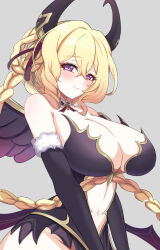 1girl black_dress black_gloves black_horns black_wings blonde_hair braid braided_hair_rings breasts cleavage closed_mouth clothing_cutout demon_horns dress elbow_gloves feathered_wings fur-trimmed_gloves fur_trim gloves hair_rings highres horns kazam_fm large_breasts long_braid lyrael_(christmas)_(princess_connect!) lyrael_(princess_connect!) navel navel_cutout princess_connect! purple_eyes simple_background solo strapless strapless_dress under_wing wings