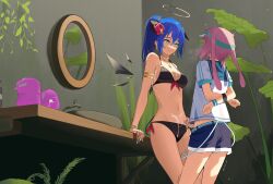 Rule 34 | 1boy, 1girl, absurdres, animal ears, ansel (arknights), ansel (casual vacation) (arknights), arknights, artificial vagina, bdsm, bikini, black bikini, black gloves, black shorts, black wings, blue eyes, blue hair, blue nails, blue sailor collar, bondage, bound, bound arms, breasts, cleavage, cum, cum on body, cum on breasts, cum on stomach, cum on upper body, demon horns, demon tail, detached wings, earrings, energy wings, feet out of frame, femdom, fingerless gloves, flower, gloves, hair flower, hair ornament, halterneck, hand up, handjob, hetero, highres, holding, horns, indoors, jewelry, long hair, looking at another, low ponytail, medium breasts, mirror, mostima (arknights), northkiyou, official alternate costume, penis, penis out, pink hair, plant, ponytail, rabbit ears, red flower, sailor collar, sex toy, shirt, short hair, shorts, side-tie bikini bottom, single glove, sink, smile, soap dispenser, standing, string bikini, swimsuit, table, tail, thumb ring, uncensored, visor cap, wet, white shirt, wings