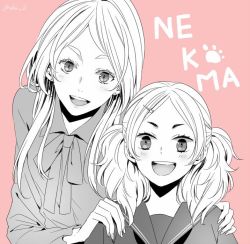 Rule 34 | 2girls, blouse, cat hair ornament, earrings, greyscale, haiba arisa, haikyuu!!, hair ornament, hands on another&#039;s shoulders, jewelry, long hair, looking at viewer, monochrome, multiple girls, open clothes, pink background, school uniform, shirt, smile, stud earrings, twintails, uw tea, yamamoto akane