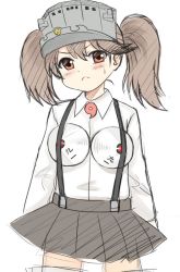 Rule 34 | 10s, 1girl, blush, breast padding, brown hair, frown, hat, kantai collection, looking at viewer, overalls, red eyes, ryuujou (kancolle), skirt, solo, suspenders, sweat, twintails, type 91 armor-piercing shell, y.ssanoha