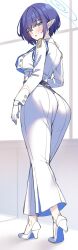 Rule 34 | 1girl, absurdres, aoi (blue archive), ass, belt, black belt, blue archive, blue eyes, blue hair, blush, commentary request, duplicate, full body, high heels, highres, long sleeves, looking at viewer, pants, parted lips, pixel-perfect duplicate, pointy ears, shirokuma a, shirt, short hair, solo, standing, thighs, white footwear, white pants, white shirt