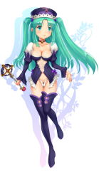 Rule 34 | 1girl, bell, boots, breasts, cleavage, collar, crotch zipper, detached sleeves, female focus, green eyes, green hair, hat, highres, jingle bell, long hair, matching hair/eyes, neck bell, original, panties, ribbon, smile, solo, thigh boots, thighhighs, twintails, two side up, underwear, wand, youbou, zipper