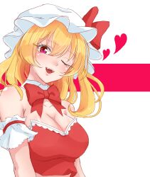 Rule 34 | 0002koko, 1girl, absurdres, adapted costume, alternate breast size, bare shoulders, blonde hair, breasts, cleavage, commentary request, dress, flandre scarlet, hat, highres, large breasts, medium hair, milestone celebration, mob cap, one eye closed, red dress, red eyes, side ponytail, solo, strapless, strapless dress, textless version, thank you, touhou, upper body, white hat