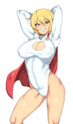 Rule 34 | 1girl, arms up, blue eyes, breasts, cape, cleavage, cleavage cutout, clothing cutout, covered erect nipples, dc comics, grin, highres, large breasts, looking at viewer, power girl, short hair, simple background, smile, solo, superman (series), thighs, urec, white background