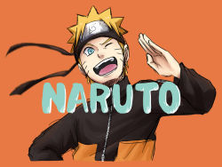 Rule 34 | 1boy, :d, bad id, bad pixiv id, blonde hair, blue eyes, character name, forehead protector, highres, jacket, male focus, naruto (series), naruto shippuuden, one eye closed, open mouth, orange background, pinoko (pnk623), short hair, simple background, smile, solo, teeth, uzumaki naruto, v-shaped eyebrows
