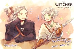 Rule 34 | 1boy, 1girl, brown gloves, ciri, geralt of rivia, gloves, green eyes, holding, holding sword, holding weapon, jewelry, necklace, open mouth, silver hair, smile, sword, the witcher (series), the witcher 3, weapon