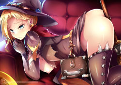 Rule 34 | 1girl, all fours, arm support, artist name, ass, belt, belt pouch, blonde hair, blue eyes, book, bracelet, breasts, broom, brown gloves, brown hat, brown thighhighs, cape, capelet, closed mouth, couch, dress, earrings, elbow gloves, gloves, halloween, halloween costume, hanging breasts, hat, jack-o&#039;-lantern, jack-o&#039;-lantern earrings, jewelry, large breasts, looking at viewer, mercy (overwatch), nakatokung, nipples, no wings, official alternate costume, on couch, overwatch, overwatch 1, pink lips, pouch, puffy nipples, red cape, short hair, short sleeves, sideboob, solo, thighhighs, thighs, watermark, web address, wings, witch, witch hat, witch mercy