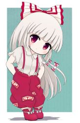 Rule 34 | 1girl, baggy pants, bow, buttons, chibi, collared shirt, footwear bow, fujiwara no mokou, hair bow, highres, hime cut, long hair, ofuda, ofuda on clothes, pants, red eyes, red footwear, red pants, rei (tonbo0430), shirt, shoes, sidelocks, simple background, solo, suspenders, touhou, very long hair, white background, white bow, white hair, white shirt