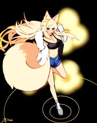 Rule 34 | 1girl, absurdres, animal ears, black tank top, blonde hair, blue shorts, breasts, cleavage, commentary request, denim, denim shorts, fang, floating hair, flower, fox ears, fox tail, grey footwear, grey jacket, hair flower, hair ornament, highres, jacket, korean commentary, long hair, long sleeves, medium breasts, midriff, navel, open clothes, open jacket, open mouth, original, purple eyes, shoes, shorts, sidelocks, solo, ss yuu, standing, stomach, tail, tank top, very long hair, yellow tail