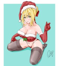 Rule 34 | 1girl, armpits, artoria pendragon (all), artoria pendragon (fate), bare shoulders, black thighhighs, blonde hair, blush, braid, breasts, christmas, cleavage, closed mouth, crown braid, elbow gloves, fate/stay night, fate (series), feet, female focus, fur trim, gloves, gradient background, green background, green eyes, groin, hair between eyes, hair bun, hand up, hat, highres, kerana art, kneeling, large breasts, legs, light blush, looking at viewer, navel, no shoes, panties, saber (fate), santa hat, simple background, single hair bun, solo, strapless, thighhighs, thighs, underwear