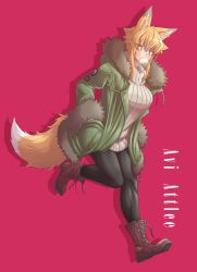 Rule 34 | 1girl, animal ears, avi attlee, bandage on face, bandages, black pantyhose, blonde hair, blush, boots, breasts, blowing bubbles, chewing gum, fox ears, fox girl, fox tail, fur trim, hands in pockets, highres, jacket, large breasts, looking at viewer, muscular legs, original, pantyhose, parka, ribbed sweater, short hair, solo, sweater, tail, turtleneck, turtleneck sweater, untied footwear, yellow eyes, zawa (zawzawranran2)
