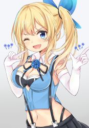 Rule 34 | 1girl, ;d, amidada, bad id, bad pixiv id, bare shoulders, black ribbon, black skirt, blonde hair, blue eyes, blue flower, blue ribbon, blue rose, blue shirt, blush, breasts, cleavage, collar, commentary request, detached collar, elbow gloves, flower, gloves, gradient background, grey background, hair ribbon, highres, long hair, looking at viewer, medium breasts, mirai akari, mirai akari project, one eye closed, open mouth, pleated skirt, ribbon, rose, shirt, side ponytail, skirt, sleeveless, sleeveless shirt, smile, solo, star (symbol), suspender skirt, suspenders, v-shaped eyebrows, virtual youtuber, white collar, white gloves, wing collar