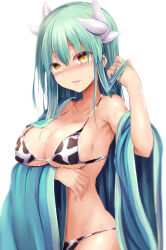 Rule 34 | 1girl, animal print, bare shoulders, bikini, bikini under clothes, blush, breasts, cleavage, collarbone, cow print, cow print bikini, dragon girl, dragon horns, fate/grand order, fate (series), green hair, green kimono, highres, horns, japanese clothes, kimono, kiyohime (fate), large breasts, long hair, long sleeves, looking at viewer, multiple horns, off shoulder, open mouth, print bikini, sen (astronomy), smile, solo, swimsuit, white bikini, wide sleeves, yellow eyes