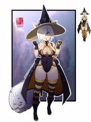 Rule 34 | :0, bare shoulders, black gloves, black leotard, blue eyes, boots, breasts, cape, character request, chestnut mouth, cleavage, el quijote, female focus, full body, gloves, hair over one eye, hat, highres, large breasts, leotard, looking at viewer, navel, official art, open mouth, reference inset, shiny skin, short hair, silver hair, standing, striped legwear, thighhighs, thighs, w arms, witch hat