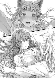 Rule 34 | 2girls, animal ear fluff, animal ears, blush, braid, breasts, breath, cat ears, cleavage, closed mouth, commentary request, fangs, french braid, greyscale, highres, holding hands, interlocked fingers, large breasts, long hair, long sleeves, looking at viewer, monochrome, multiple girls, open mouth, original, shirt, takekawa shin, upper body, yuri