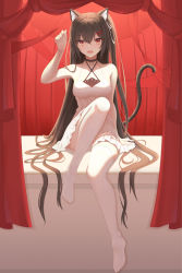 Rule 34 | 1girl, absurdres, animal ears, backlighting, brown hair, cat ears, cat girl, cat tail, choker, curtains, dress, fakegeo, fang, hair between eyes, hair ornament, hairclip, highres, long hair, looking at viewer, no shoes, open mouth, original, pantyhose, paw pose, red eyes, sitting, skin fang, tail, thighhighs, very long hair, white dress, white pantyhose